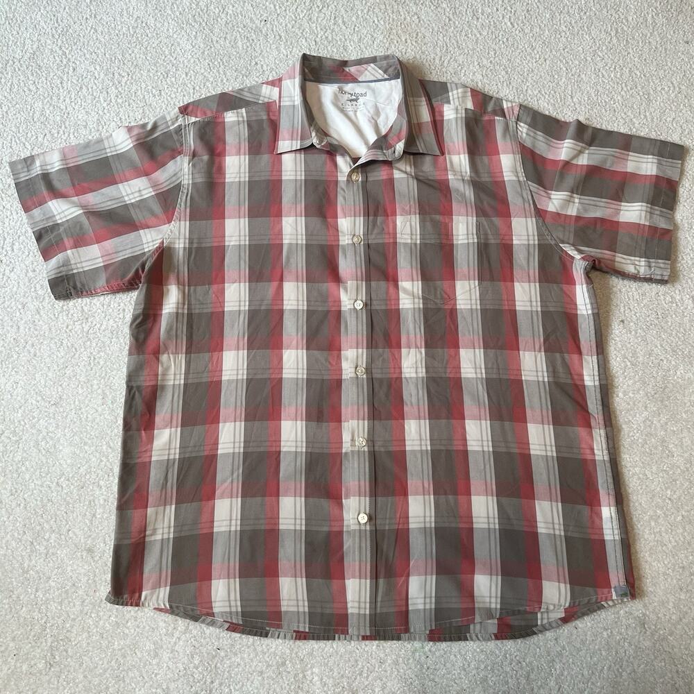Horny Toad Plaid Button Up Short Sleeve Shirt XL Brown Red Flannel Hiking Outdoo